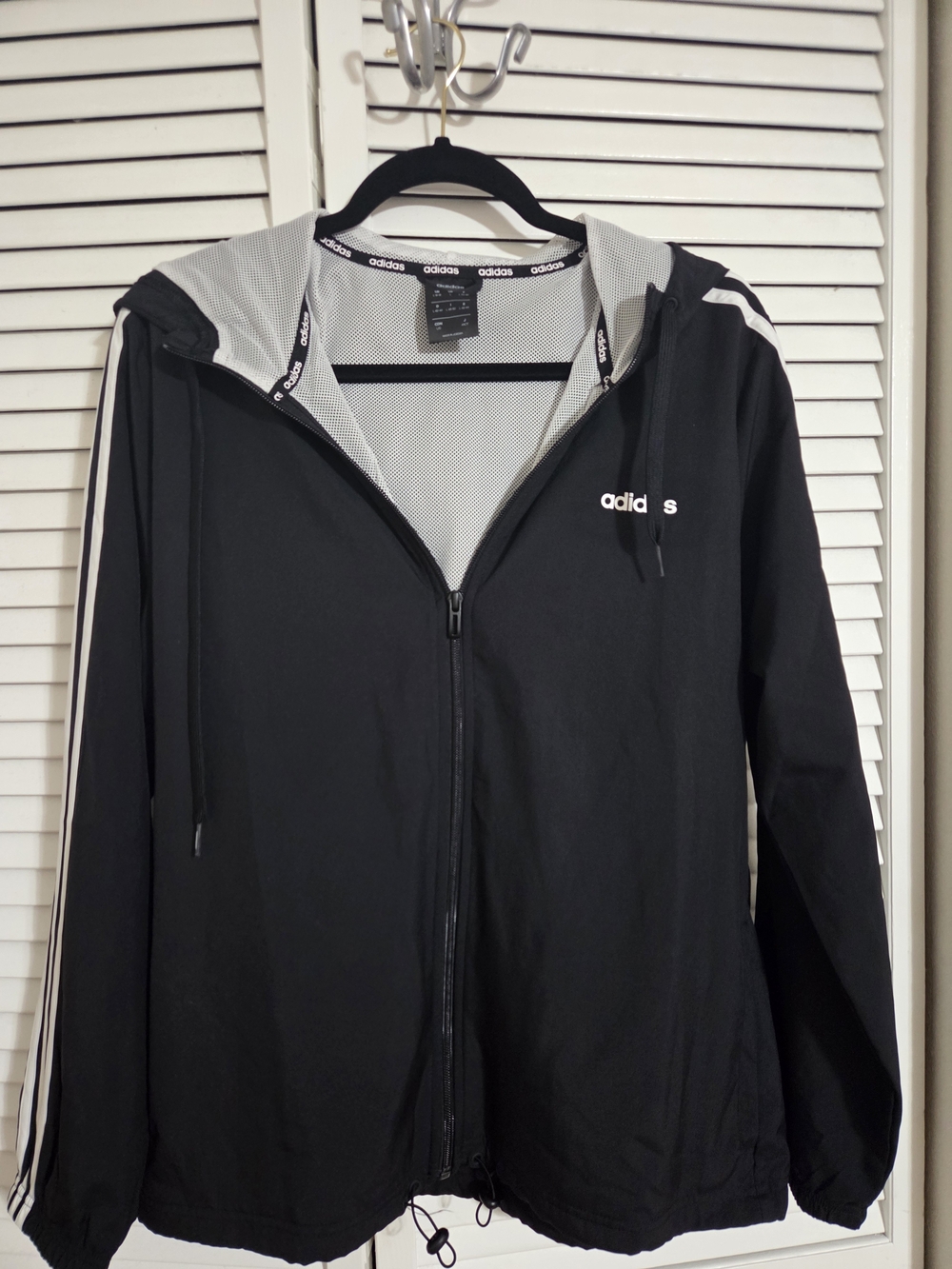 adidas Black Hooded Zip-Front Windbreaker with White Stripes